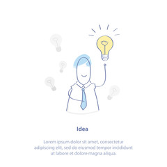 New Idea Generation, Creativity, Solution. Cute cartoon businessman with a burning light at the head - many new ideas. Isolated vector illustration.