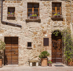 Street view in Pienza town in Tuscany region in Italy