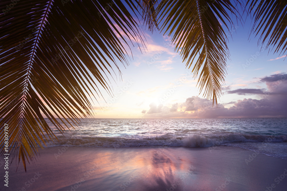 Poster sunset on Seychelles beach