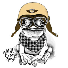 Poster with image of a frog wearing retro motorcyclist helmet and checkered neckerchief. Vector illustration.
