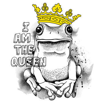 Poster with a picture of a frog wearing a yellow crown. Vector illustration.