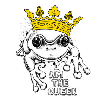 Poster with a picture of frog wearing a yellow crown. Vector illustration.