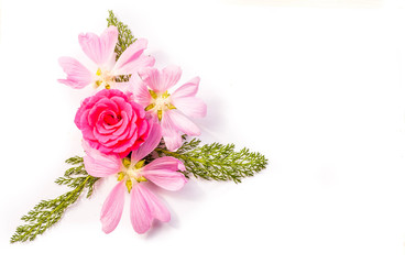 Festive flower composition on the white wooden background. Overhead view.