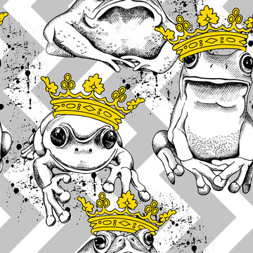 Seamless pattern with frog and toad wearing a yellow crown on a gray geometric ornament. Vector illustration.