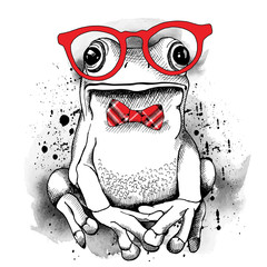 Obraz premium Plakat z rysunkiem żaby w okularach i czerwonym krawacie. Ilustracji wektorowych.