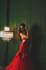 beautiful brunette in a scarlet dress