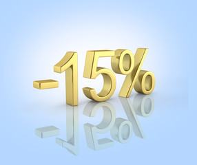 Gold text 15 percent off on blue background with reflection 3D render
