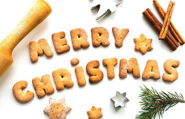 Merry Christmas cookies. Gingerbread Cookies in the form of words on wite isolated background