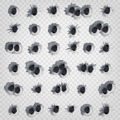 Bullet Holes Set Vector. Weapon Holes Isolated On Transparent Background. Illustration - obrazy, fototapety, plakaty