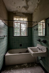 Vintage Green Tiled Bathroom with Fixtures - Abandoned Mansion