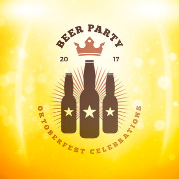 Beer festival Oktoberfest celebrations. Vintage beer badge on the golden beer background with light effects. Vector design element