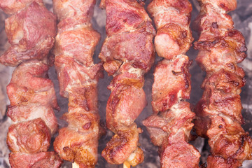 Barbecue party. Close-up of some meat skewers, on grill.