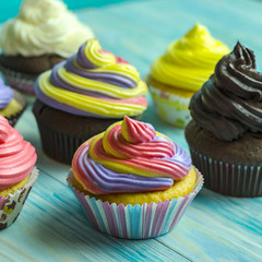 Cupcakes decorated with multi-colored cream
