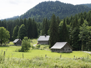 Alpine mountain medieval village. Wooden timbered cottages. Tourist open-air museum, travel destination for holidays. Mountain scenery near Salzburg. Hills in background, grassy pasture in foreground.