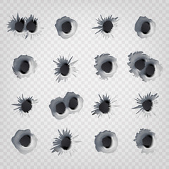 Bullet Holes In Metal Wall Vector. Realistic Caliber Weapon Holes Isolated On Transparent Background. Gunshot Cracked Bullets Holes. Effect Damage Illustration - obrazy, fototapety, plakaty