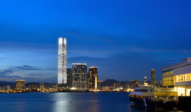 Panorama of Tsim Sha Tsui at night in Hong Kong.