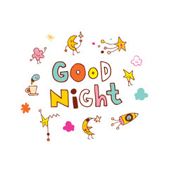 good night hand lettering design with cute characters