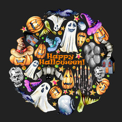 Fototapeta premium Circle illustration from watercolor Halloween objects (pumpkins in old hats, spooks, skull, pot and other), hand painted on a dark background