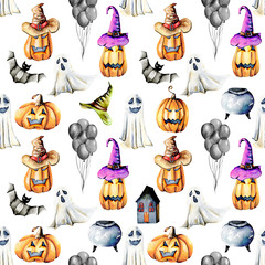 Seamless pattern with watercolor Halloween objects  (pumpkins in old hats, spooks, skull, pot and other), hand painted isolated on a white background