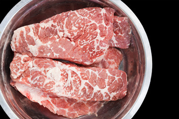 Raw beef fat meat on tray stainless steel use for cooking.