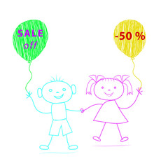 Cartoon boy and girl with balloons drawn by chalk on white backgrond