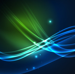 Energy lines, glowing waves in the dark, vector abstract background