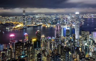 Fotobehang Panorama view of Hong Kong city skyline at night © WaitforLight