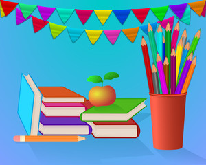 School set on blue background. Colored pencils in red cup. Books with color cover. Red apple. Colored flags. Vector illustration.