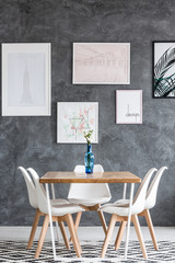 Dining room with white flowers