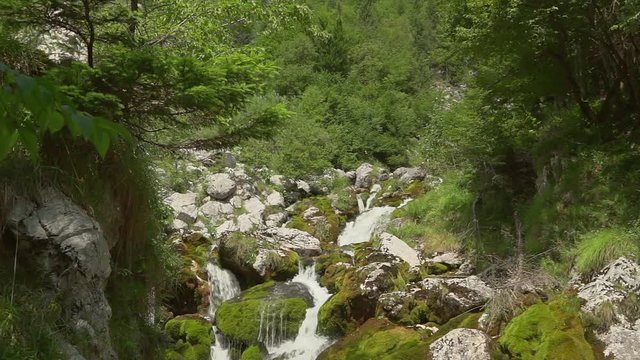 Der Fluss Soca (Isonzo) nach der Quelle in Slowenien bei Trenta
