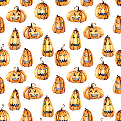 Seamless pattern with watercolor Halloween pumpkins, hand painted isolated on a white background