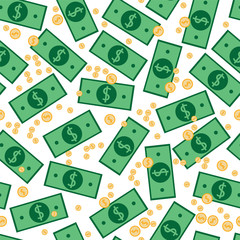 Seamless money pattern with many dollar currency signs on white background. Paper banknotes and coins in chaotic manner. Flat hand draw style