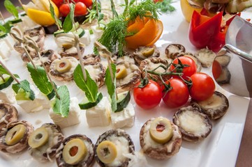 Cheese, meat and fruits served during food catering