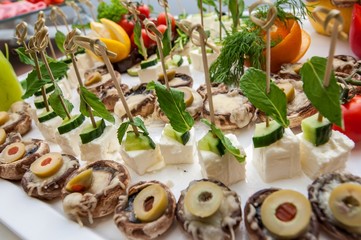 Cheese, meat and fruits served during food catering