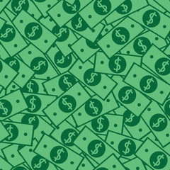 Seamless money pattern with many dollar currency signs. Green background with paper banknotes in chaotic manner. Flat hand draw style