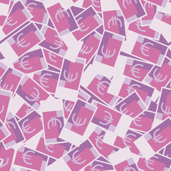 Seamless money pattern with many euro currency signs. Pink background with paper banknotes in chaotic manner. Flat hand draw style