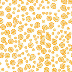 Seamless money pattern with coins with dollar and euro signs. Gold background with precious metal coins in chaotic manner. Flat hand draw style