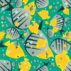 Seamless nature pattern with cute big fish in green color. Funny marine life background with animal in chaotic manner. Cartoon hand draw style