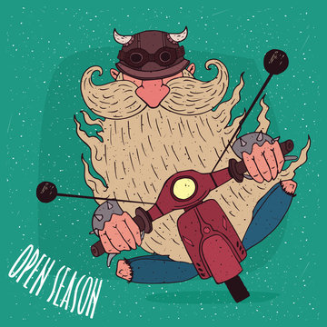 Cute old school biker with big beard and viking hat, riding by red motorcycle or scooter. Wind ruffles his beard. Hand draw style. Lettering Open Season