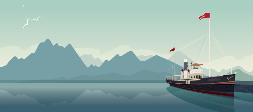 Scenic area with old pleasure boat in style of old steamer, at pier, on clear day. In the background is natural mountain landscape. Realistic flat style