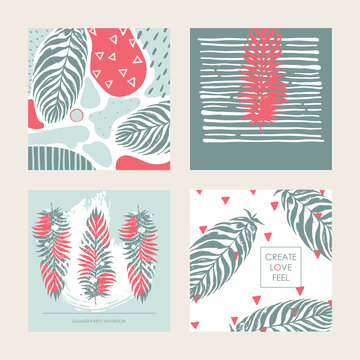 Vector set with decorative set of square cards in pastel colors. Design dedicated to summer, tropics and palm leaves. Place for creative lettering and hand drawn textures