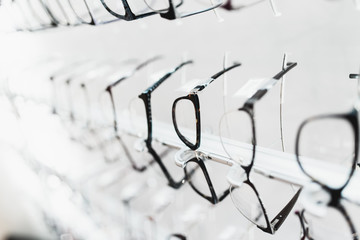 Eyeglasses frames in optical store. 