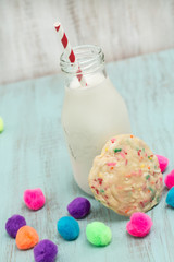 Single Confetti Cookie With Milk and Colorful Balls