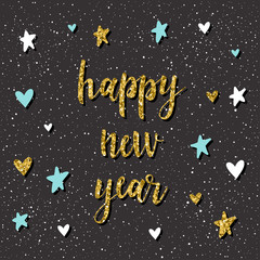 Fototapeta na wymiar Happy new year card. Handwritten quote and handmade pattern