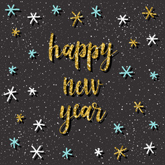 Naklejka premium Happy new year card. Handwritten quote and handmade doodle snowflake pattern