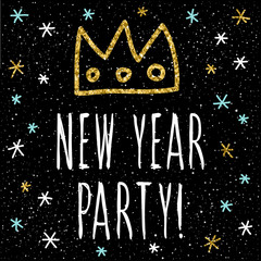 Happy new year card. Handwritten quote and handmade crown and snow pattern