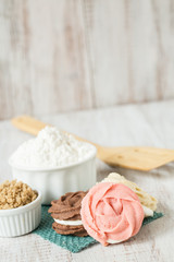 Fototapeta na wymiar Strawberry Chocolate and Vanilla Cookies With Flour and Brown Sugar