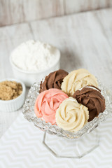 Vanilla Strawberry and Chocolate Cookies In Glass Bowl With Flour