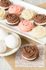 Plate of Chocolate Vanilla Strawberry Cookies With Eggs