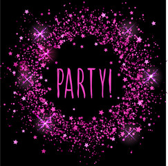 Bright sprayed circle abstract pattern background and handwritten party text.